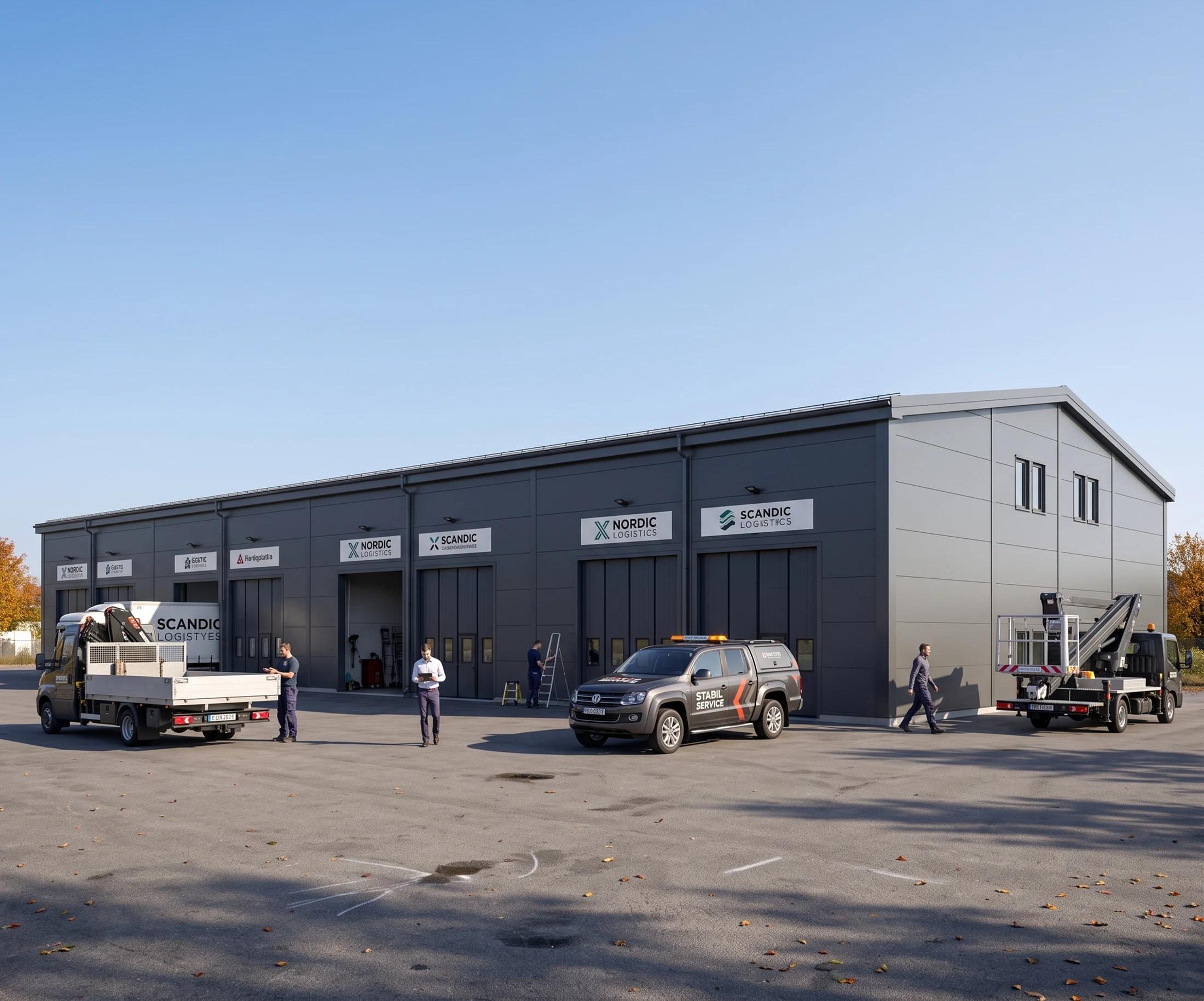Exteriörvisualisering av industribyggnad med verksamhetslokaler och garageportar
