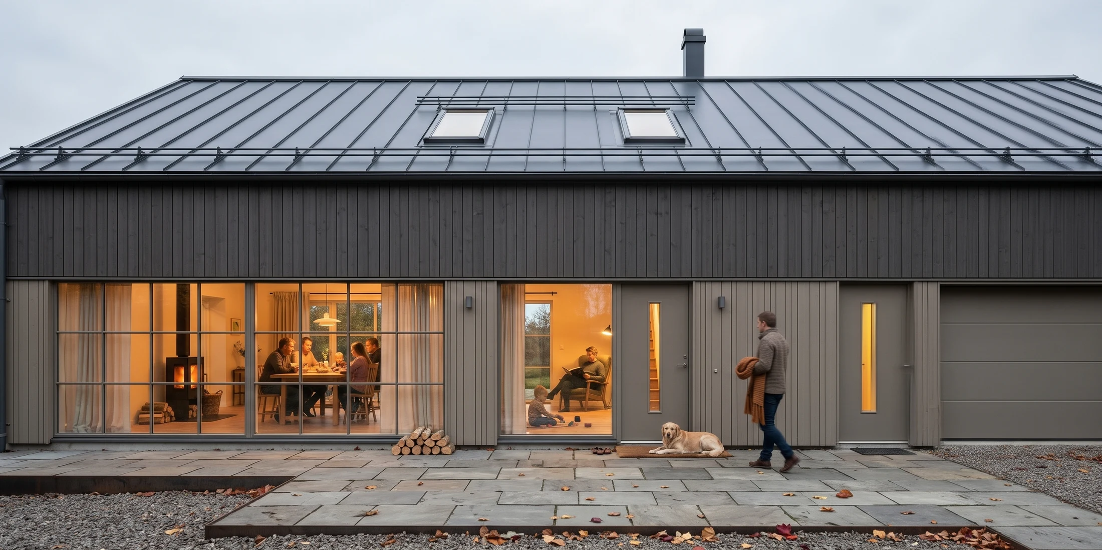 Visualisering av villa eller fritidshus med stående träfasad, stora fönster och varmt ljus inomhus