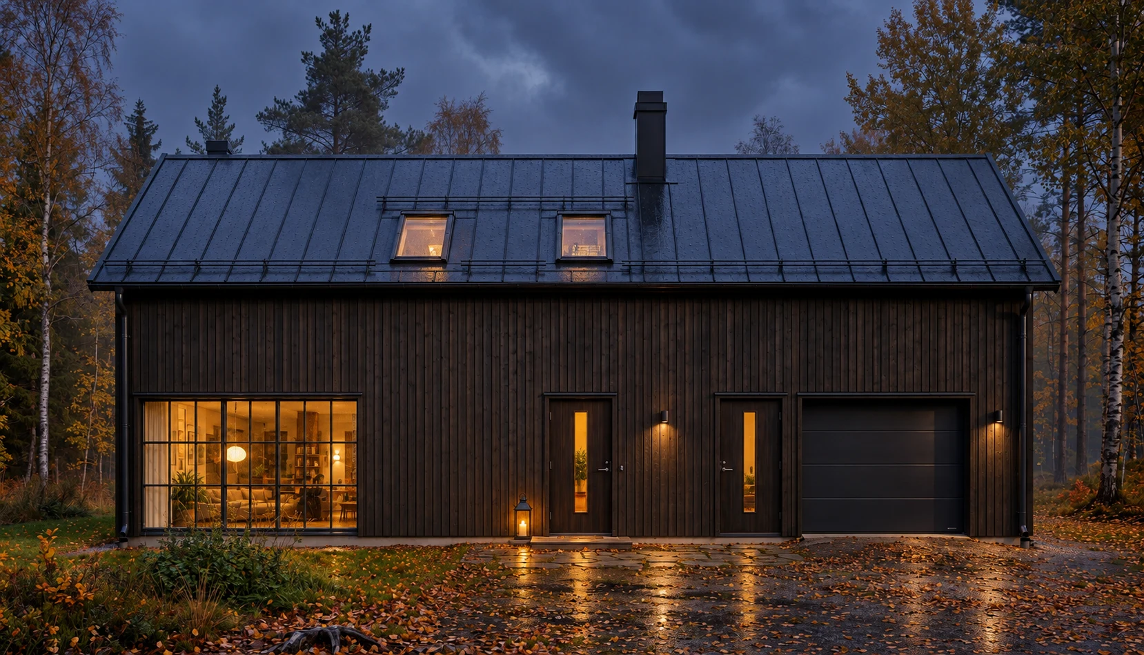 Visualisering av samma trähus i regntung kvällsstämning med varmt ljus och en lykta vid dörren
